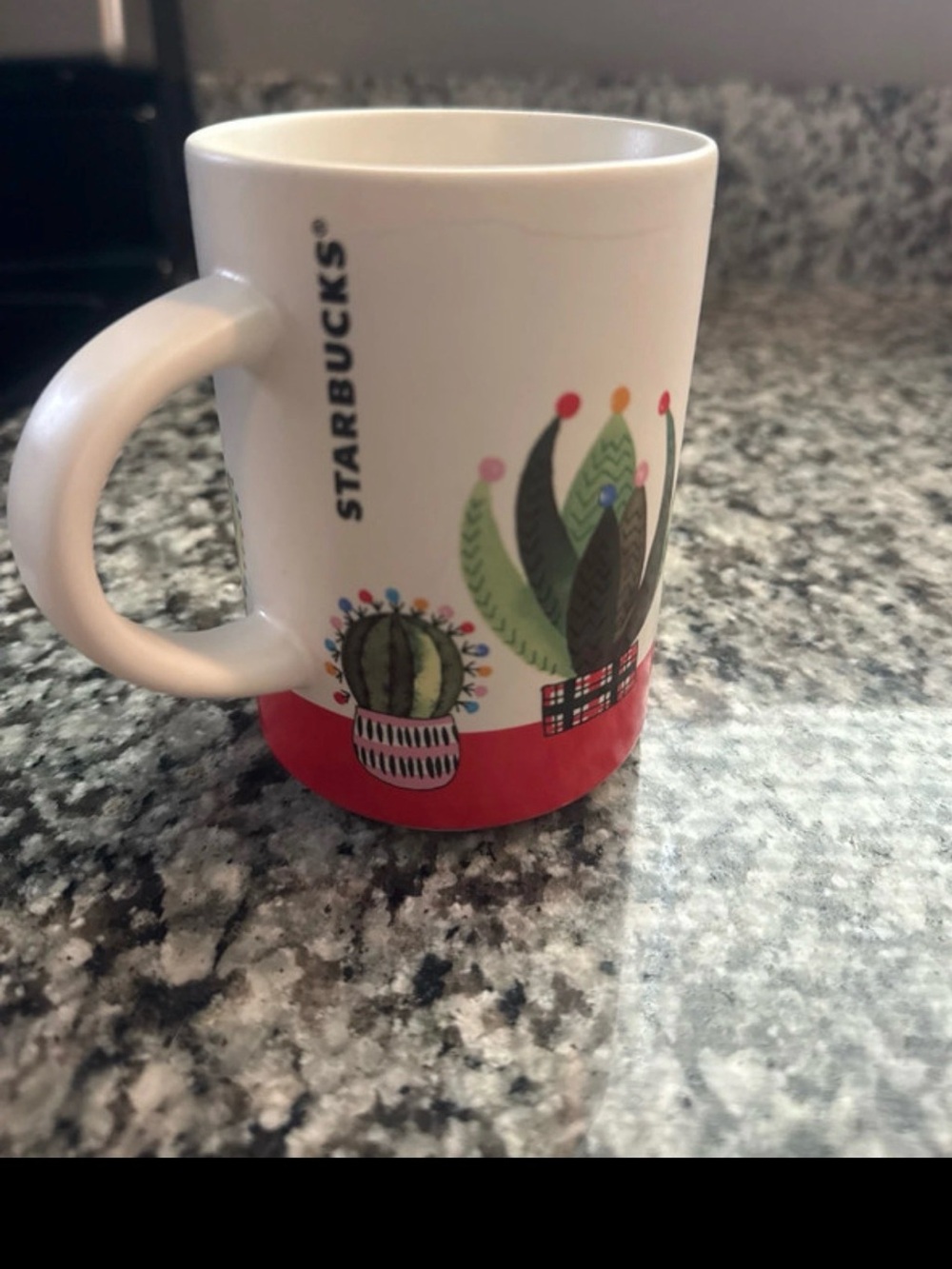 Starbucks White Ceramic Mug with Red Base and Botanical Pots